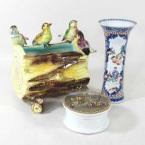 An early 20th century French Massier majolica vase, decorated with birds, 18cm wide, together with a