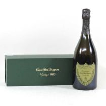 A bottle of Moet et Chandon Cuvee Dom Perignon 1993 champagne, in a presentation box