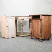 An antique pine half round side table, together with a pine pot cupboard and a pine cabinet (3) 101w