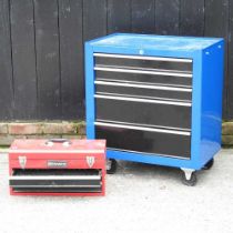 A blue metal tool cabinet, with five drawers, on castors, containing tools, together with a