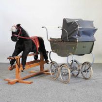 A vintage doll's pram, together with a rocking horse, 74cm high (2)