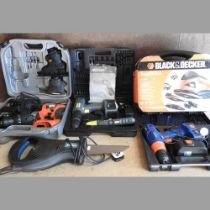 A collection of power tools, to include a Black and Decker Quattro sander, a Sandstorm sander, a