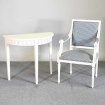 A white painted console table, 84 x 75cm, together with a painted open armchair (2)