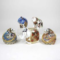 A collection of five Royal Crown Derby Imari animal paperweights, comprising of an elephant,