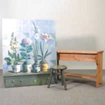 A pine side table, together with a painted barge ware stool and a large print, 82 x 101cm (3) The