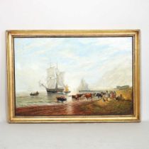 English school, 19th century, coastal scene with boats and cattle, signed indistinctly, oil on