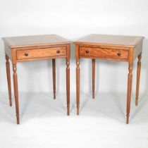 A pair of hand made crossbanded satinwood side tables, on turned legs (2) 59w x 53d x 77h cm