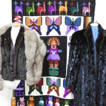 A vintage ladies full length fur coat, together with a fur cape, a fur stole and various textiles,