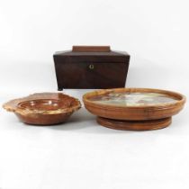 A burr yew treen bowl, 31cm wide, together with a Regency mahogany tea caddy and an elm lazy