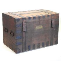 A large 19th century oak and iron bound silver chest, bearing a label for IW & FB Thomas