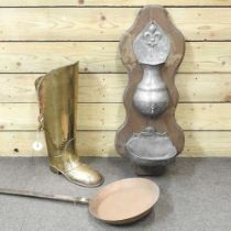 A French pewter water fountain, 81cm high, together with a brass boot stick stand and a large pan (