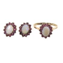 A 9 carat gold opal and ruby cluster ring, 2.1g, size N, together with a pair of matching