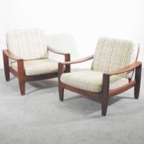 A pair of 1970's Danish style teak armchairs, with loose cushions (2)