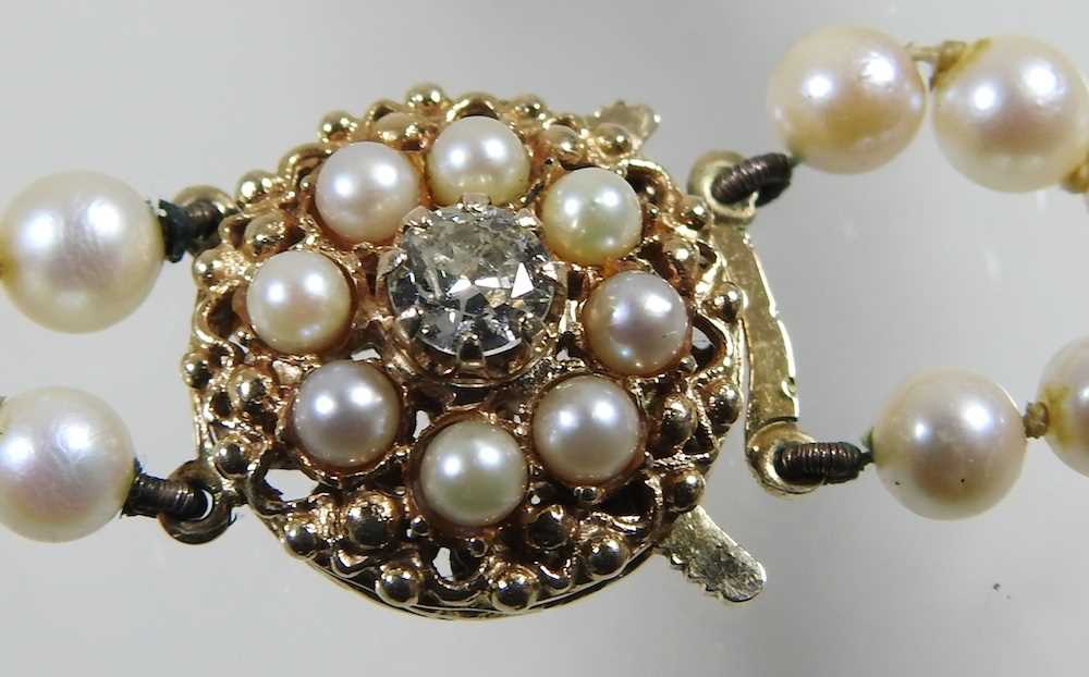 A double strand cultured pearl necklace, with an ornate 9 carat gold clasp set with a central - Image 3 of 6