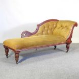 A Victorian gold upholstered chaise longue, on turned legs 175w x 55d x 76h cm