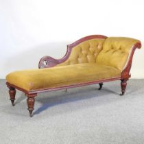 A Victorian gold upholstered chaise longue, on turned legs 175w x 55d x 76h cm