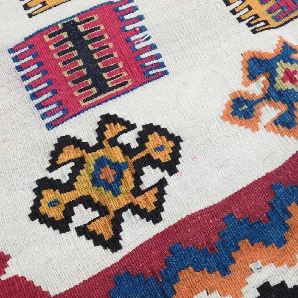 A Persian qashqai kilim, with coloured squares, within a zig zag border, 220 x 125cm - Image 2 of 5