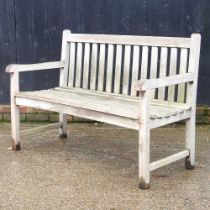 A teak slatted wooden garden bench 130w x 61d x 91h cm