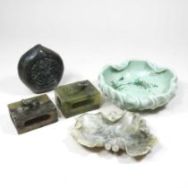 A collection of Chinese carved soapstone, to include a dish, 14cm diameter