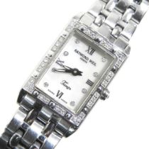 A Raymond Weil ladies steel cased wristwatch, the signed dial within a gem set bezel, on a