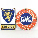 A circular vintage style enamel sign, GMC, together with another, Peugeot, 30cm diameter (2)