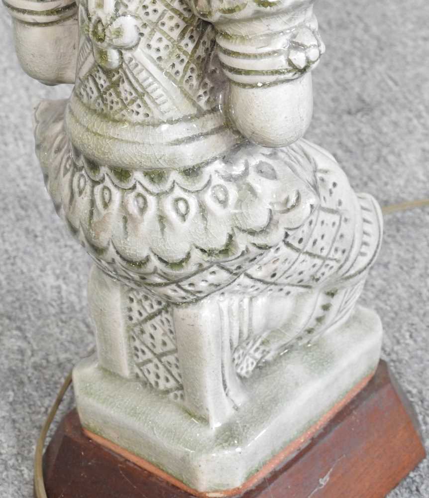 An Eastern pottery figural table lamp and shade, 80cm high overall - Image 3 of 6