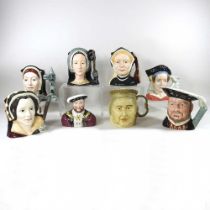 A Royal Doulton King Henry VIII character jug, 17cm high, together with five Royal Doulton jugs of