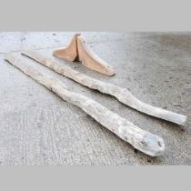 A pair of rustic wooden structural beams, each 420cm long, together with a pair of carved wooden