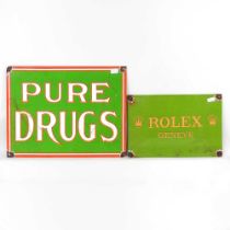 A vintage style enamel sign Rolex, together with another Pure Drugs, 29 x 39cm (2)
