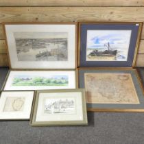 English school, 20th century, Suffolk beach, watercolour, 31 x 38cm, together with two engraved maps