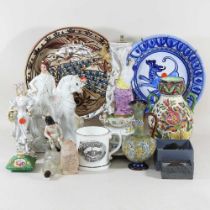 A collection of 19th century Staffordshire figures, together with a Lalique glass beetle, boxed, a