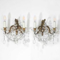 A pair of French style glass two branch wall sconces, suspended with glass lustres, 30cm wide (2)