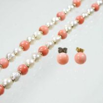 A coral and cultured pearl bead necklace, with a 9 carat gold clasp, 40cm long, together with a pair