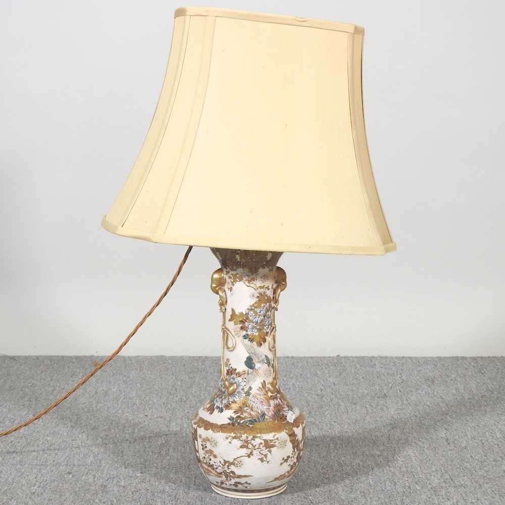 A Japanese pottery Satsuma table lamp, with shade, 74cm high overall