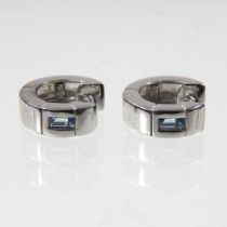 A pair of 9 carat white gold and aquamarine set cuff earrings, of hinged design, 5.5g, 12mm diameter