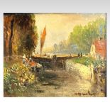 Ronald Ossory Dunlop, The Lock Gates, signed, oil on board, 15 x 20cm