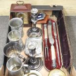 A collection of silver, silver plate and metal wares, to include pewter mugs and a Victorian horn
