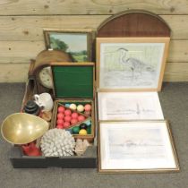 A 1930's mantel clock, together with a set of cast iron kitchen scales, snooker balls, pictures