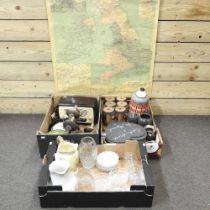 A collection of slate heart shaped place mats, together with table stands, a vintage radio and