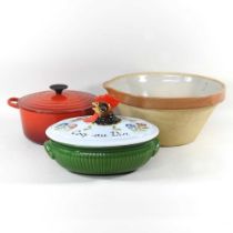A Le Creuset pot, together with a large bowl and a casserole dish (3)