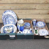 A collection of 19th century and later Staffordshire blue and white pottery, to include a wash jug