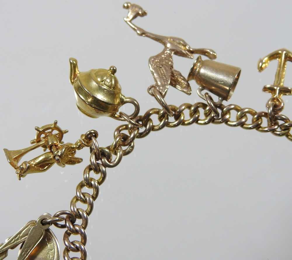 A 9 carat gold curb link charm bracelet, suspended with a collection of fourteen various novelty - Image 4 of 5