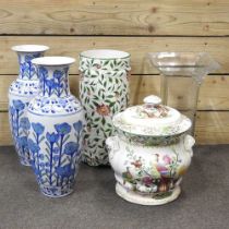 A Copeland Spode jar, with lid, together with a pair of blue and white vases, a Paragon Royal