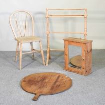 A Victorian towel airer, together with a large French wooden chopping board, a pine chair and a pine