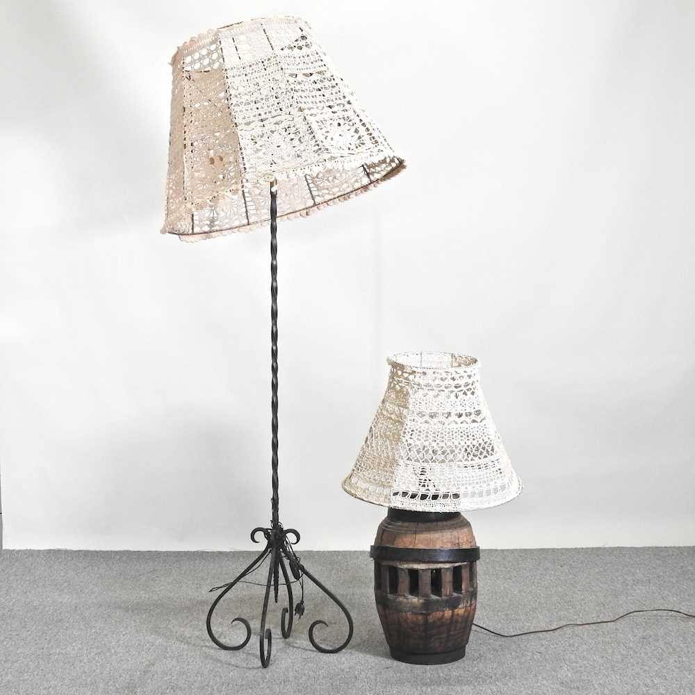 A French table lamp, in the form of a coopered barrel, together with a standard lamp and shade,