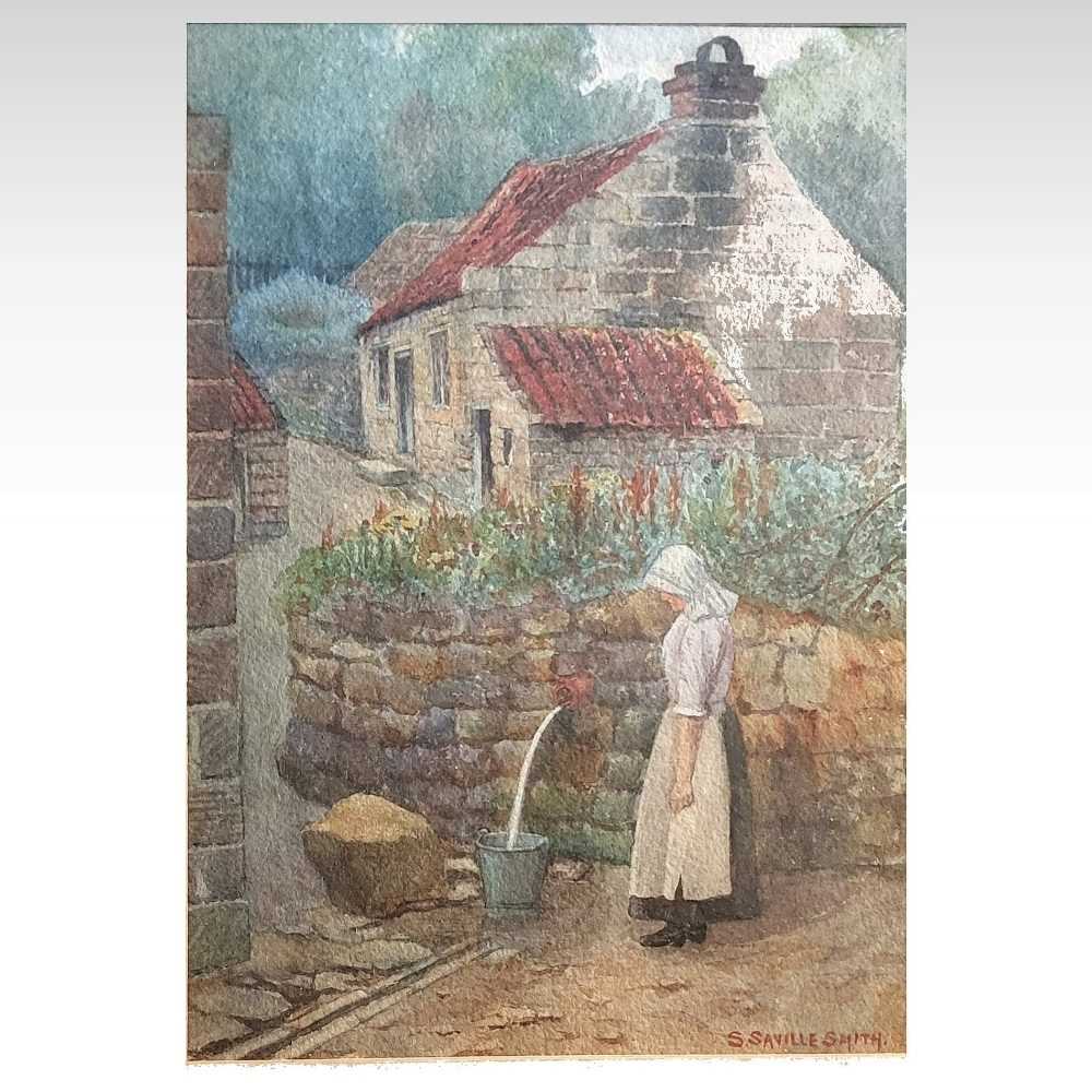 S Saville Smith, fetching water, signed watercolour, 34 x 24cm