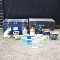 A carpenter's chest, together with a travel trunk, a collection of garden ornaments, stoneware and