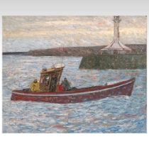 John Read, fishing boat entering harbour, signed oil on board, 52 x 61cm