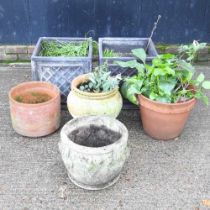 A pair of faux slate garden planters, 45cm high, together with a cast stone pot and two terracotta