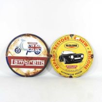 A vintage style advertising sign Lambretta, together with another Rislone, 30cm diameter (2)